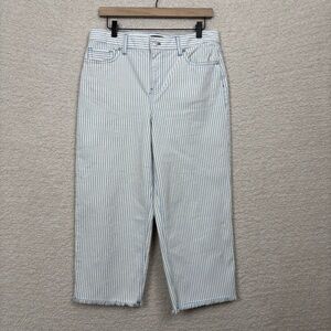 Talbots Jeans Womens 10 Petite Blue White Stripe Wide Leg Crop Jean‎ Fray Hem